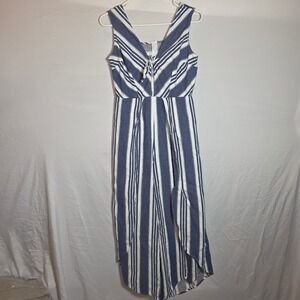 Taylor & Sage Blue White Striped Cotton Linen Sleeveless Tie Front Tulip Jumpsui